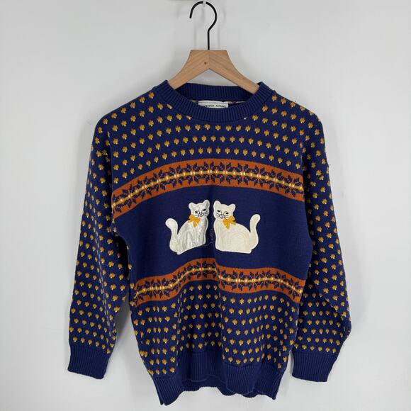 Vintage Jennifer Adams Cat Sweater Blue Fair Isle Knit USA Made Acrylic - Picture 6 of 6